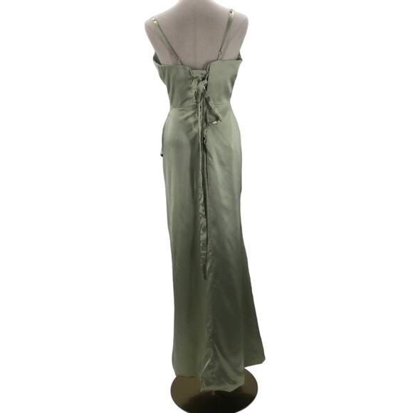 FORMAL PARTY SZ 12 L Green Satin Cow Lace Up Corset Draped Maxi Dress NEW B125 - Picture 2 of 8